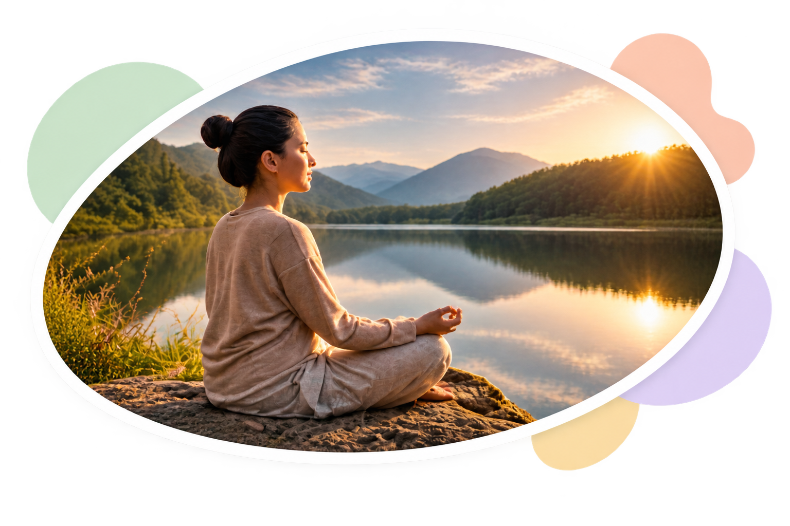 Person meditating beside a calm mountain lake
