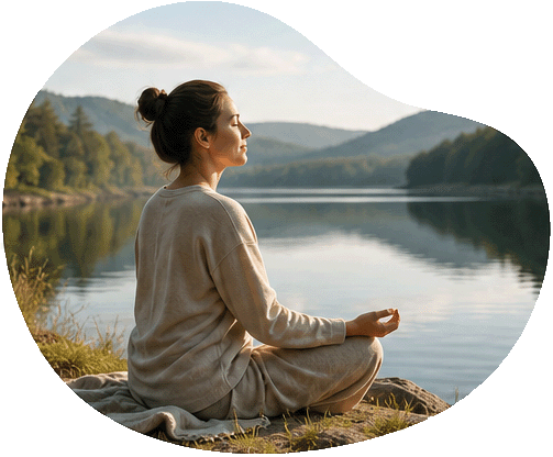A woman sitting peacefully by a lake at sunset